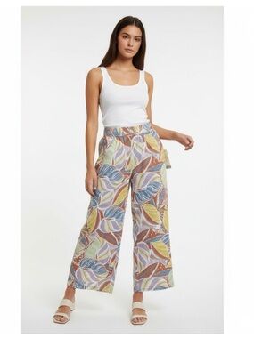 C&C California 100% Linen Tropical Leaf-Print Wide Leg Pants